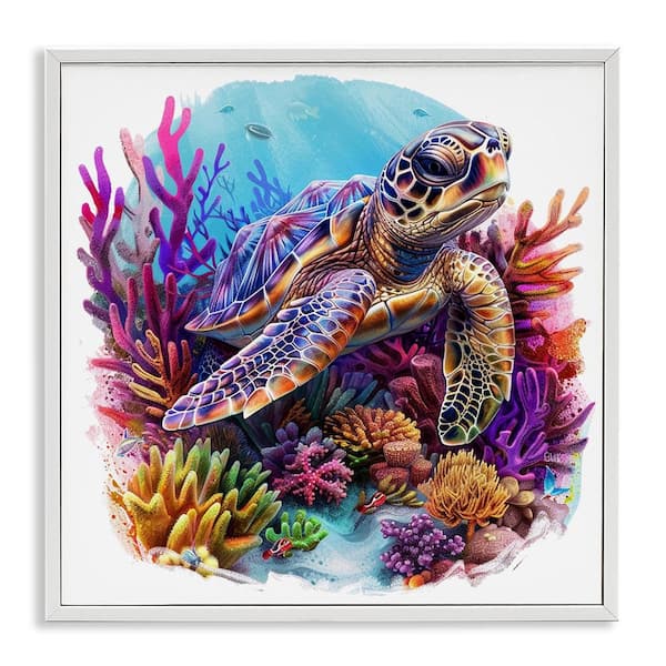 Stupell Industries Turtle and Purple Coral by LSR Design Studio White Framed Animal Giclee Art Print 17 in. x 17 in.