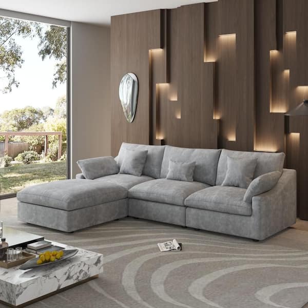 119.3 in. Square Arm 4-piece Linen Modular Sectional Sofa in. Gray with Ottoman, Living Room Couch, Customizable Design