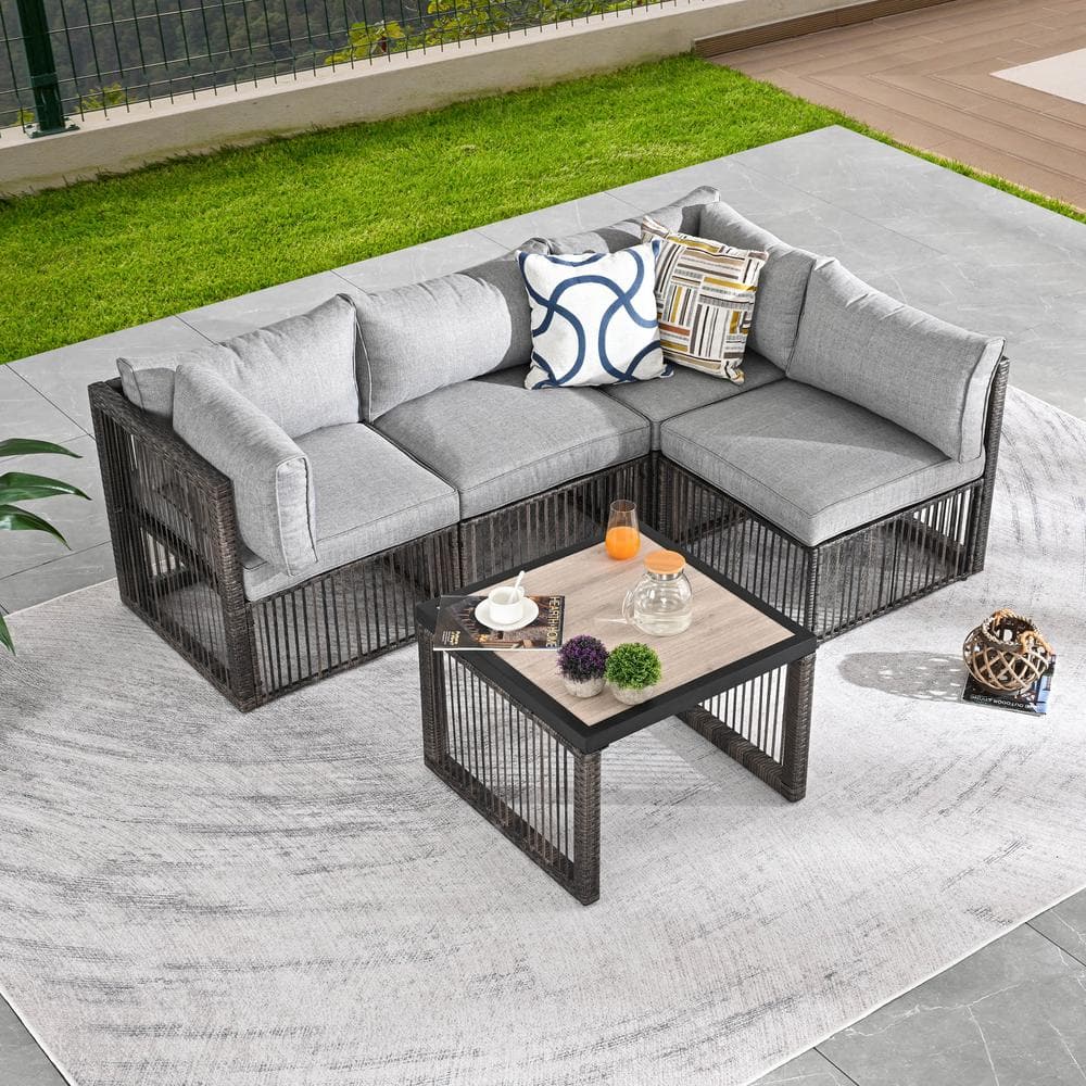 5-Piece Wicker Patio Conversation Sectional Seating Set with Gray Cushions price history on PriceWatchPro