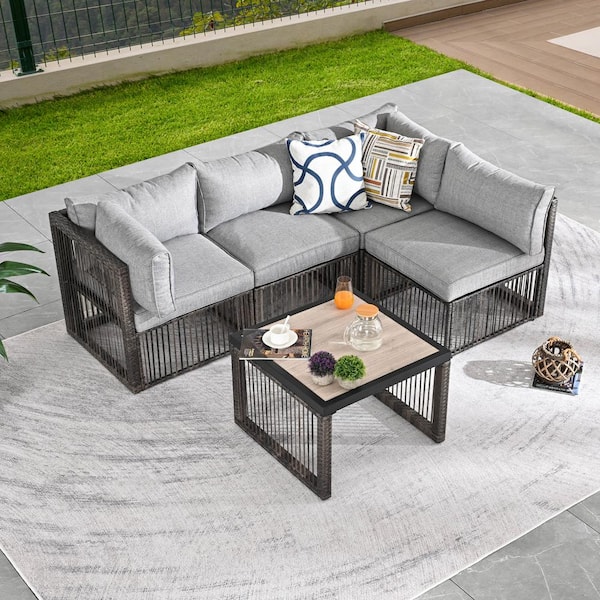 Patio Festival 5-Piece Wicker Patio Conversation Sectional Seating Set with Gray Cushions