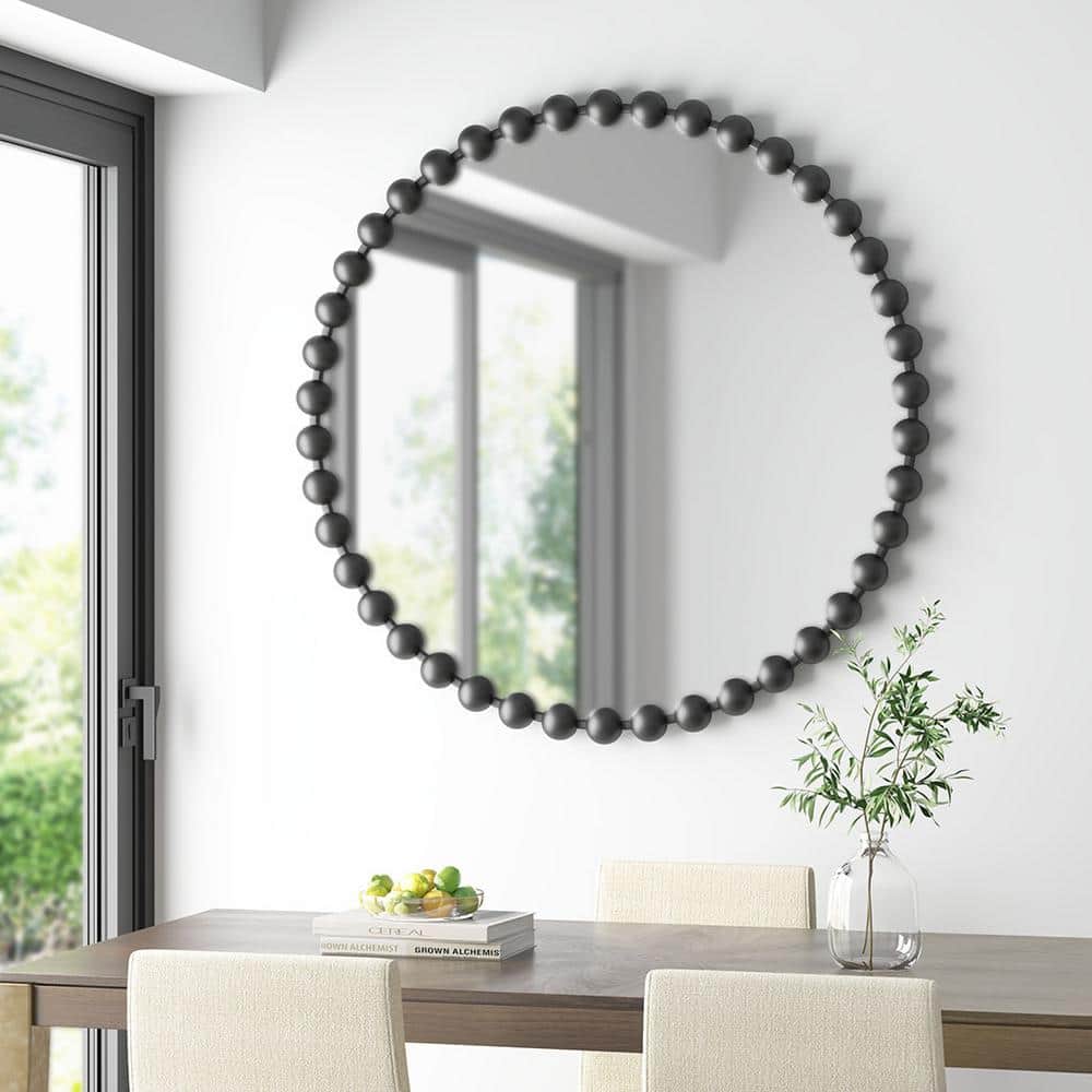 36" Round Black Beaded Frame Wall Mirror