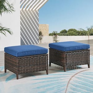 2-Pack Wicker Outdoor Ottoman Steel Frame Footstool with Removable Cushions Brown/Blue