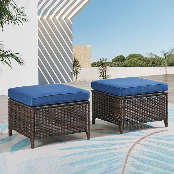 Pocassy 2-Pack Wicker Outdoor Ottoman Steel Frame Footstool with Removable Cushions Brown/Blue