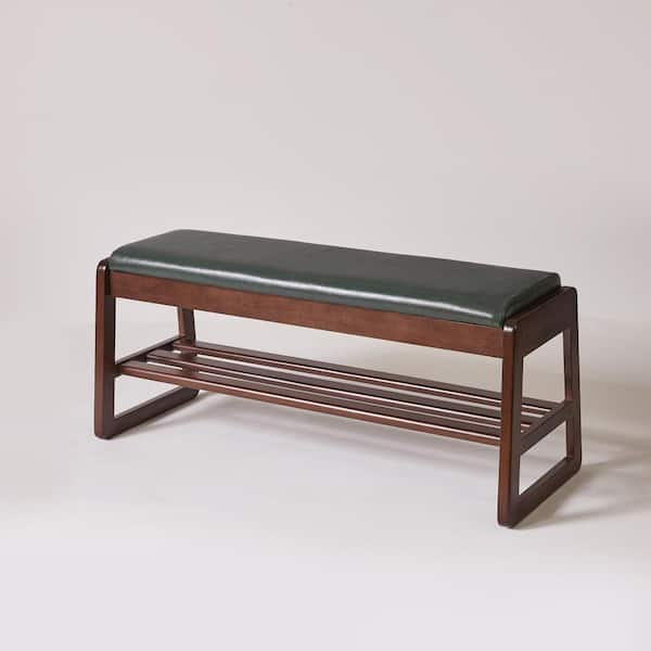 40" Wood Shoe Storage Bench with Premium Vegan Leather Seat,Hidden Lift Top Storage,Tiered Open Shoe Shelves in Green
