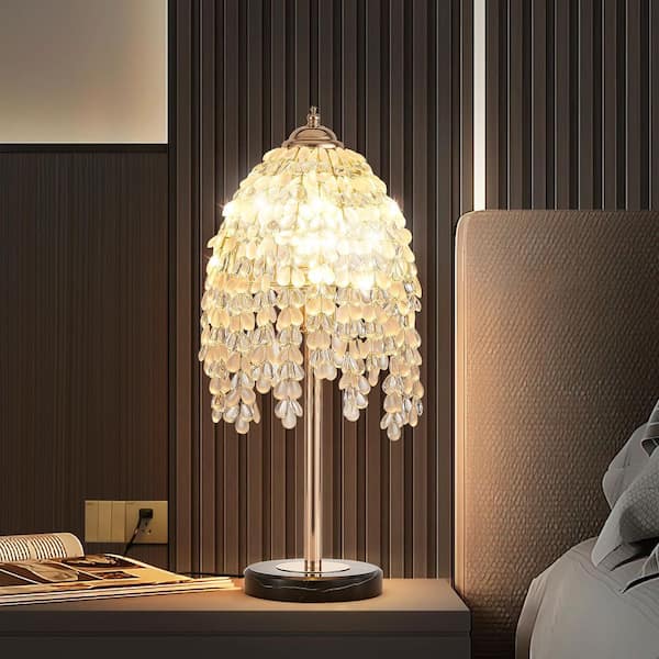 19 in. 1-Light Gold Table Lamp with Crystal Grape-Shaped Bead String Shade and Marble Textured Base