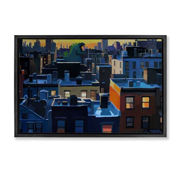 Stupell Industries Cityscape with Distant Monster by Keith Thomson Black Floater Frame Abstract Graphic Art Print 17 in. x 25 in.