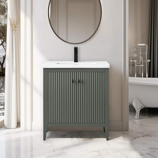 Vanity Art 30 in. W x 18.5 in D x 34 in. H Single Sink Bathroom Vanity Cabinet in Linear Vintage Green with Ceramic Top