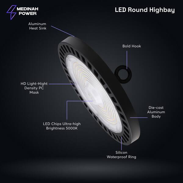 MEDINAH POWER 11 in. Round 400-Watt Equivalent Integrated LED Dimmable Bronze High Bay Light, 22000 Lumens, 5000K Daylight