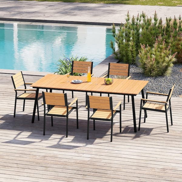 Brown 7-Piece Aluminum Rectangular 82.5 in. Table Outdoor Dining Set with Armchairs