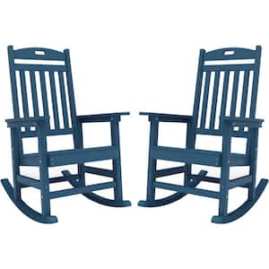 Navy Plastic Patio Outdoor Rocking Chair, Fire Pit Adirondack Rocker Chair with High Backrest (2-Pack)