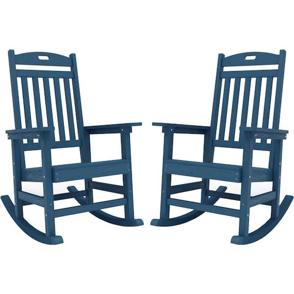 Mximu Navy Plastic Patio Outdoor Rocking Chair, Fire Pit Adirondack Rocker Chair with High Backrest (2-Pack)