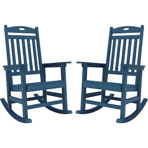 Navy Plastic Patio Outdoor Rocking Chair, Fire Pit Adirondack Rocker Chair with High Backrest (2-Pack)