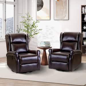 Chiang Brown Contemporary Wingback Leather Manual Swivel Recliner Rocking Nursery Chair Set with Metal Base Set of 2
