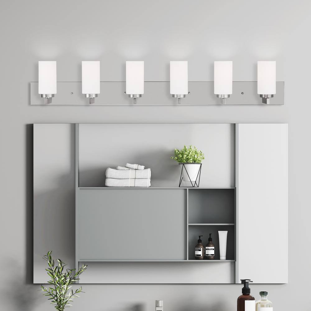 Brushed Nickel 6-Light Steel Vanity with Satin Opal Glass