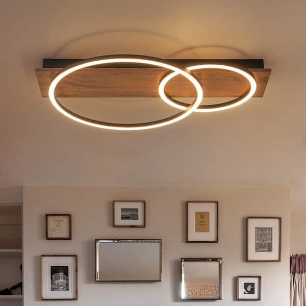 23.6 in. 2-Light Farmhouse Wood Integrated LED Flush Mount Ceiling Light