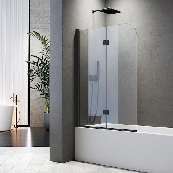42 in. W x 55 in. H Bi-Fold Frameless Pivot Tub Door in Black with Explosion-Proof Film Tempered Clear Glass