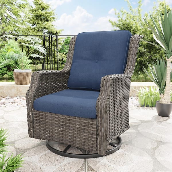 Gardenbee Wicker Patio Outdoor Lounge Chair Swivel Rocking Chair with Blue Cushions