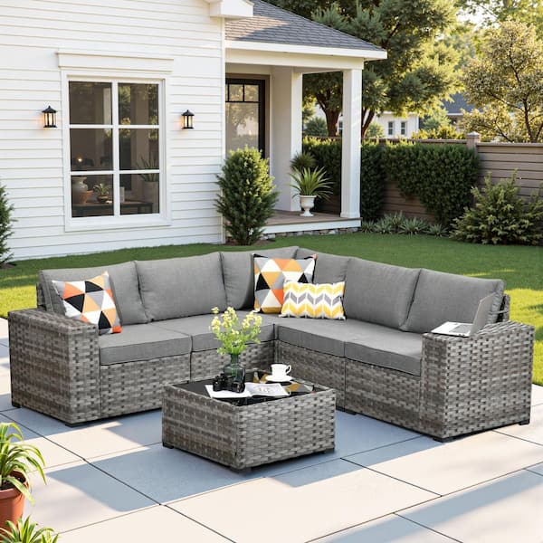 Rouge 6-Piece Wicker Outdoor Sectional Furniture Patio Conversation Sofa Set with a Table and Grey Cushions