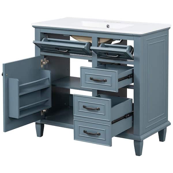 JUJABU 36 in. Freestanding Blue Bath Vanity with White Ceramic Top