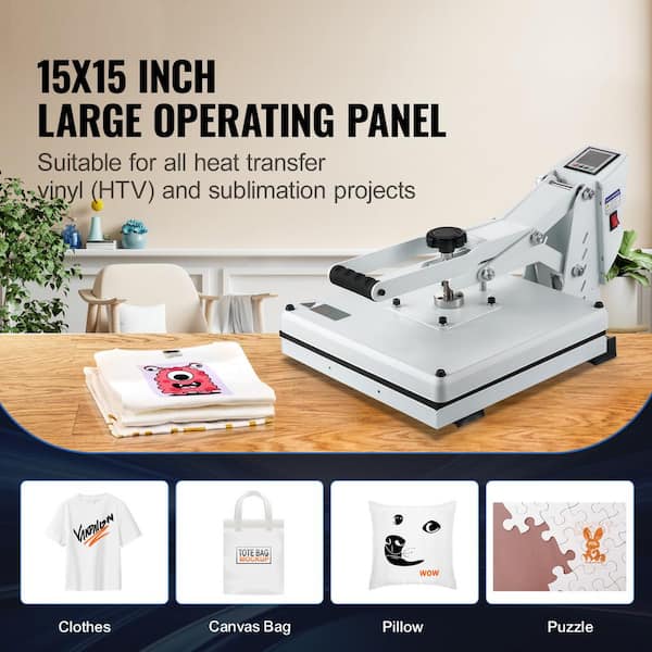 15x15in. Heat Press Machine for T-Shirt, Digital Sublimation Printer for Vinyl Transfer - 110V, 1050W, White