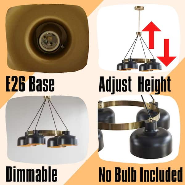Modern 4-Light Black and Gold Metal Shade Chandelier with Downward Lights for Dining Room (No Bulb Included)