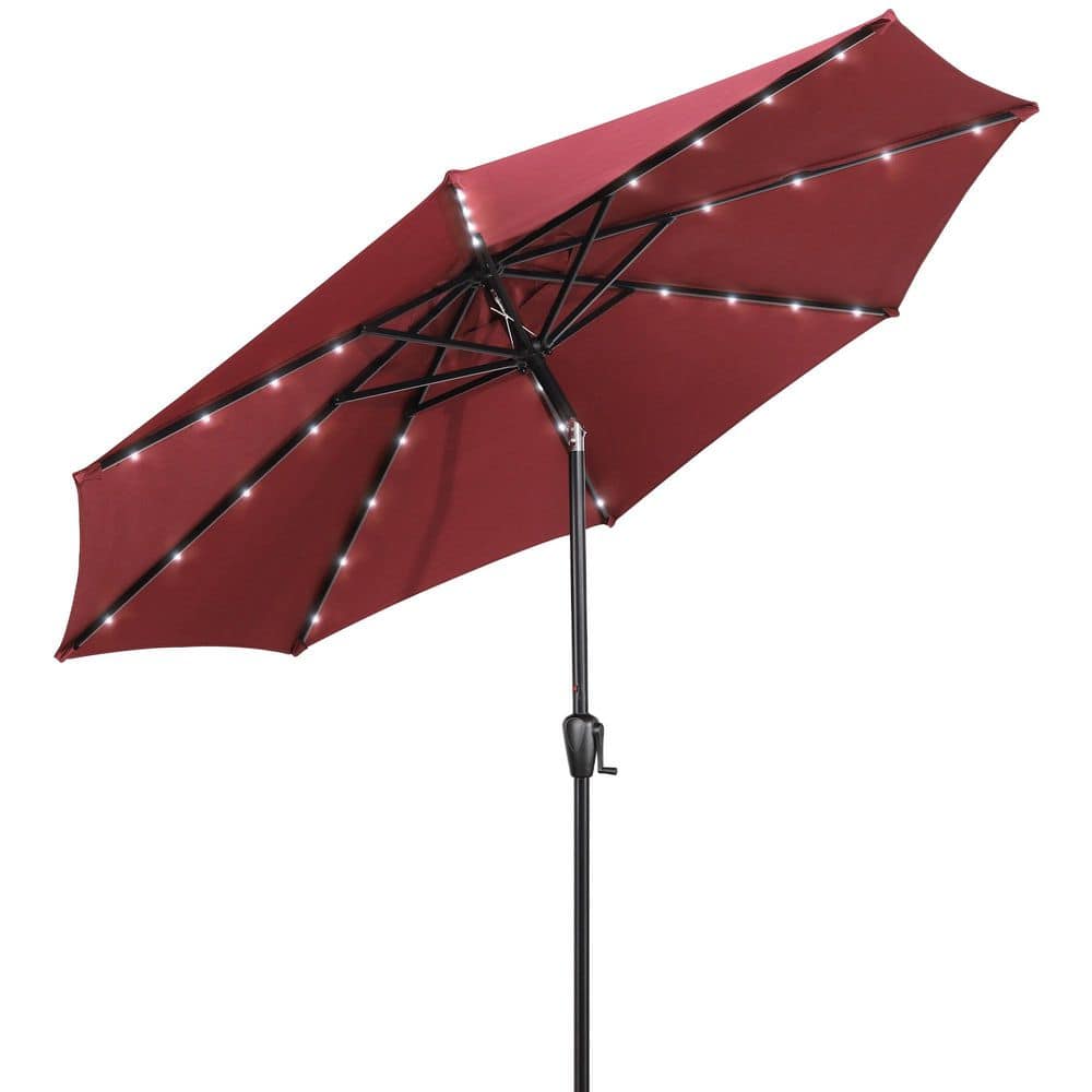 9-foot round solar patio umbrella in salsa 9' with 32 Powered LED Lights, Push-Button Tilt and Hand Crank Lift, Solar Umbrella Teal for Porch, Deck, and Patio by Sun-Ray : Patio, Lawn Get ready to entertain from dusk until dawn with the 9 ft Sun-Ray 9 ft. Round Market