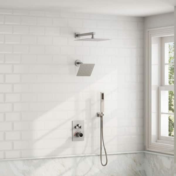 GRANDJOY Multiple Press 12 in. Triple Handle 7-Spray Shower Faucet 2.5 GPM with Anti Scald in. Brushed Nickel Valve Included