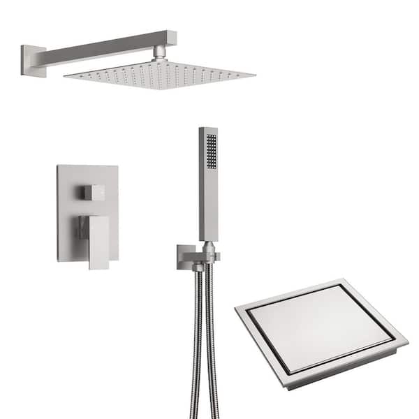 EVERSTEIN Single-Handle Rain 2-Spray Square 10 in. Shower Head Fixed and Handheld Shower Head in Brused Nickel with Shower Drain