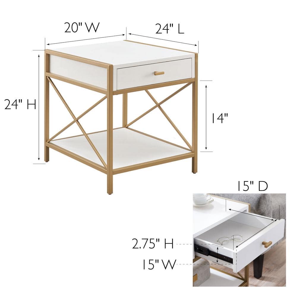 Claudette Gold Metal Frame and White Wood Top End Table with Drawer
