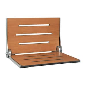 Silhouette Folding Wall Mount Shower Bench Seat in Teak Seat with Silver Frame