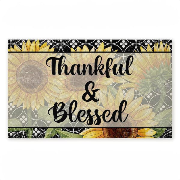 Thankful and Blessed Sunflowers Black 18 in. x 30 in. Polyester Non-Slip Outdoor Door Mat
