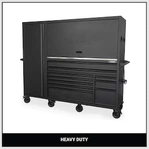 62 in. x W 24 in. D HD 10-Drw Mobile Workbench with SS Work Top Combination Hutch and Tall Side Locker in Matte Black