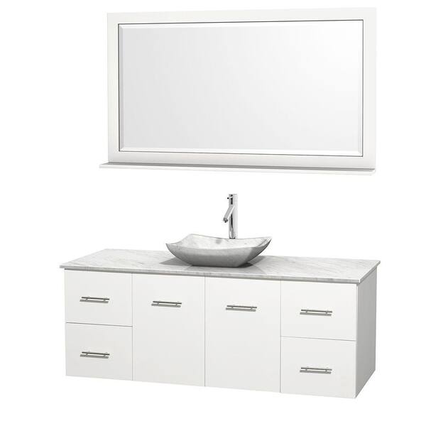 Wyndham Collection Centra 60 in. Vanity in White with Marble Vanity Top in Carrara White, Marble Sink and 58 in. Mirror