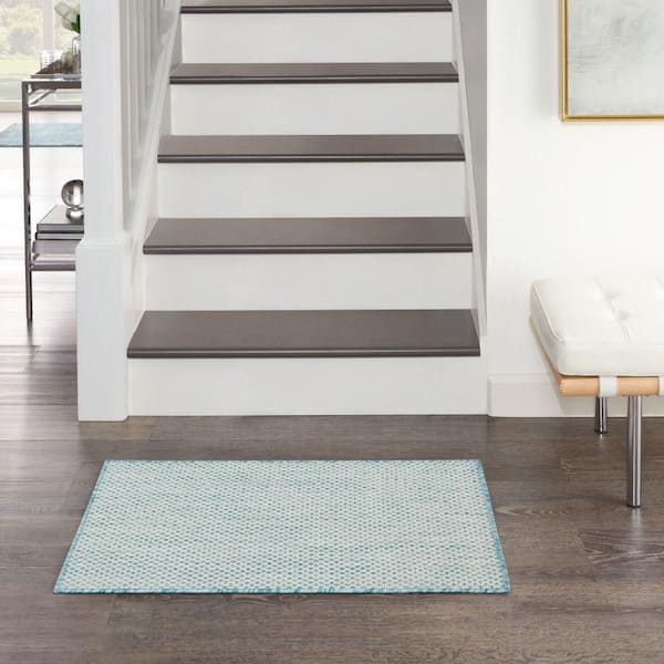 Courtyard Ivory Aqua doormat 2 ft. x 3 ft. Geometric Contemporary Indoor/Outdoor Patio Kitchen Area Rug