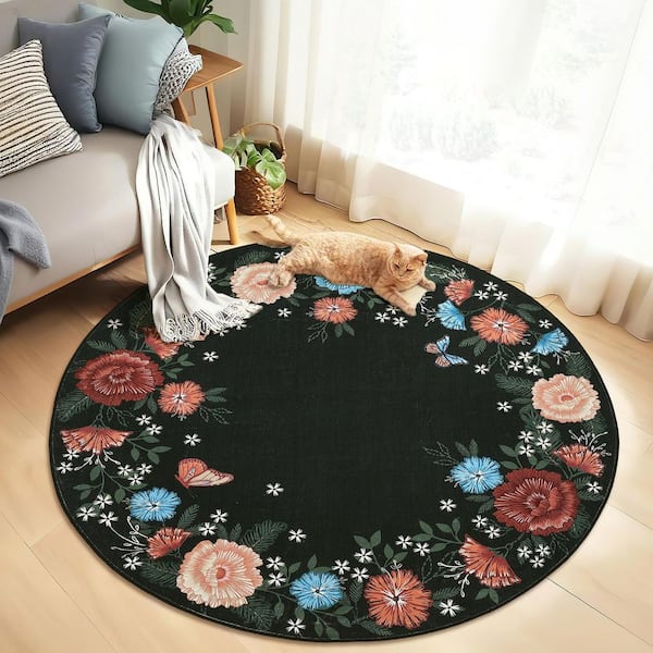 Wavy Edge Decorative Machine Washable Vintage Floral Printed Carpet for Bedroom Apartment Black 4 ft. x 4 ft. Area Rug