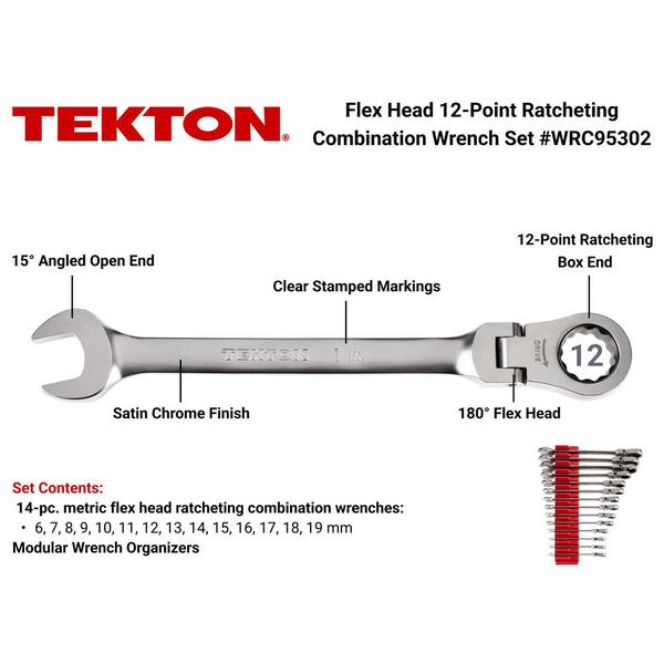 14-Piece (6-19 mm) Flex Head 12-Point Ratcheting Combination Wrench Set with Modular Slotted Organizer