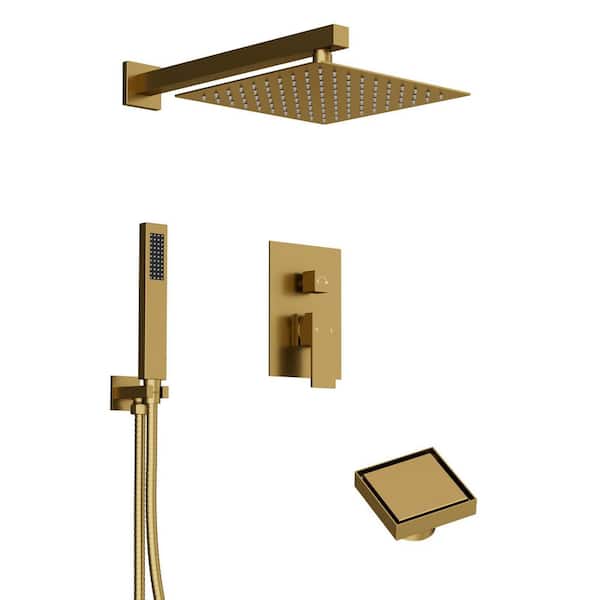 YAWWALK 10 in. Rainfall Double Handles 2-Spray Shower Faucet 2.5 GPM and Shower Drain in Brushed Gold (Valve Included)