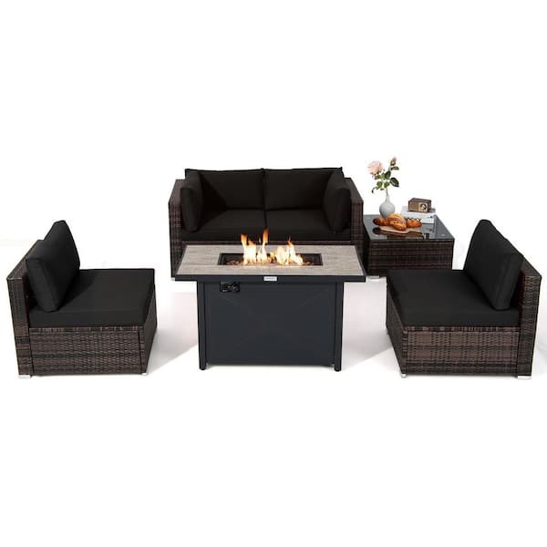 HONEY JOY 6-Piece Wicker Patio Conversation Set with 60,000 BTU Gas Fire Pit Table and Glass Coffee Table and Black Cushions