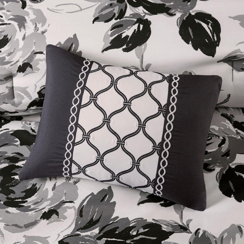 King Black and White Microfiber Reversible Floral Comforter Set