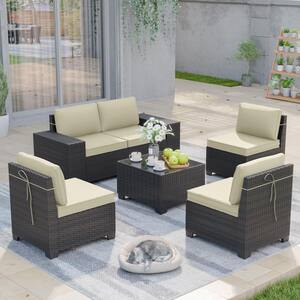 6-Piece Wicker Outdoor Sectional Set with Glass Coffee Table and Cream Cushions