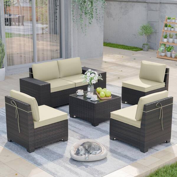 Halmuz 6-Piece Wicker Outdoor Sectional Set with Glass Coffee Table and Cream Cushions