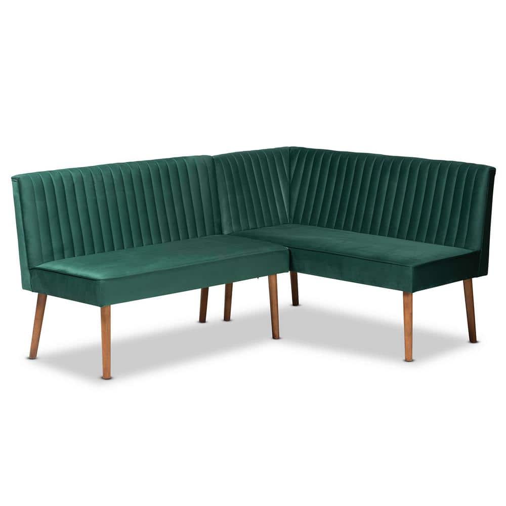 Emerald Green Velvet and Walnut Wood 2-Piece Dining Nook Set