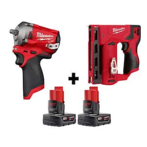 M12 FUEL 12V Lithium-Ion Brushless Cordless Stubby 3/8 in. Impact Wrench and Crown Stapler with two 3.0 Ah Batteries