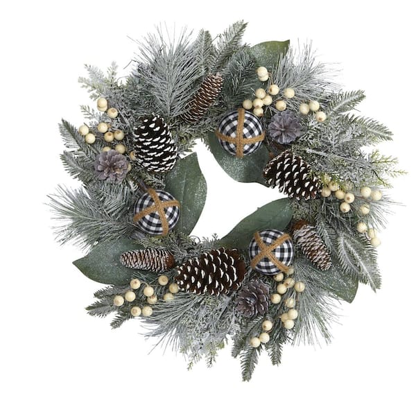 Nearly Natural 24 in. Snow Tipped Holiday Artificial Wreath with Berries Pine Cones and Ornaments