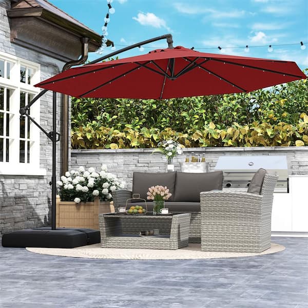 10 ft. Metal Cantilever Solar Tilt Offset Hanging Umbrella Patio Umbrella with 32 LED Lights in Red