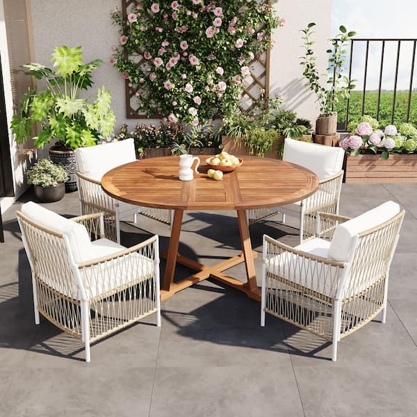 Modern 5-Piece Outdoor Patio Dining Set, Extendable Round Wood Table with Butterfly Leaf & 4 Rattan Chairs