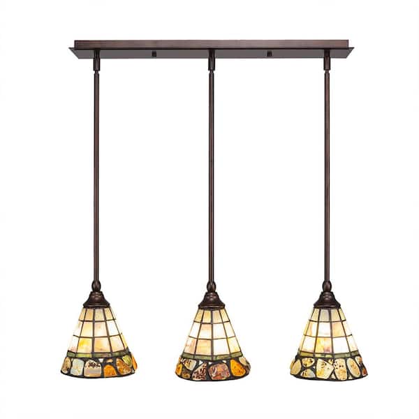 Unbranded Livingston 100-Watt 3 Light Bronze, Linear Pendant Light with 7 in. Cobblestone Art Glass Glass Shades No Bulbs Included