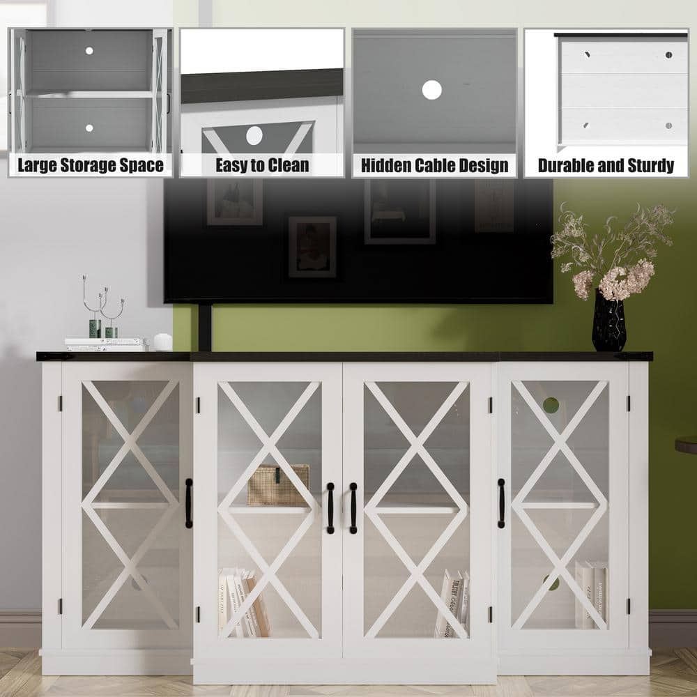 White Farmhouse 63" TV Stand with Glass Cabinet Doors
