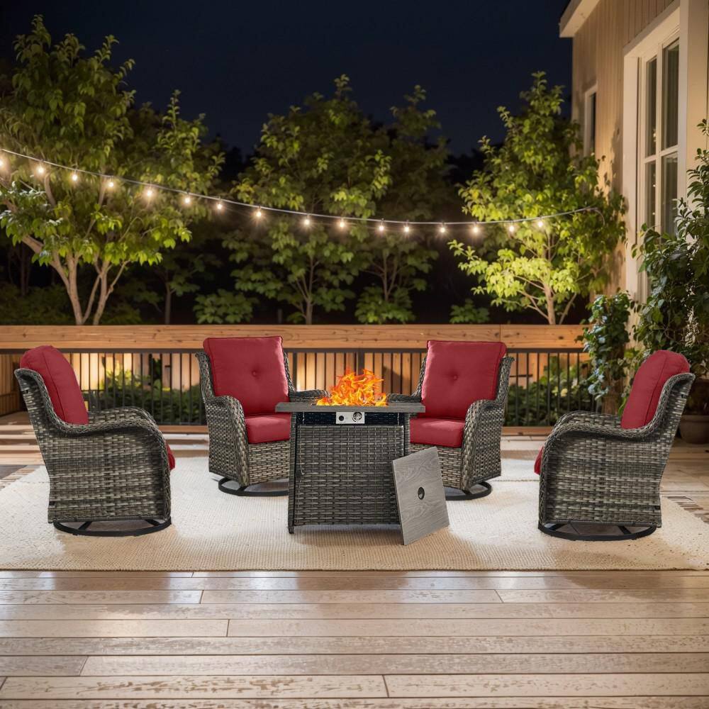 Well Cane Gray 5-Piece Wicker Patio Fire Pit Set with Red Cushions (4-Swivel Rocking Chairs and 1-Fire Pit Table) price history on PriceWatchPro