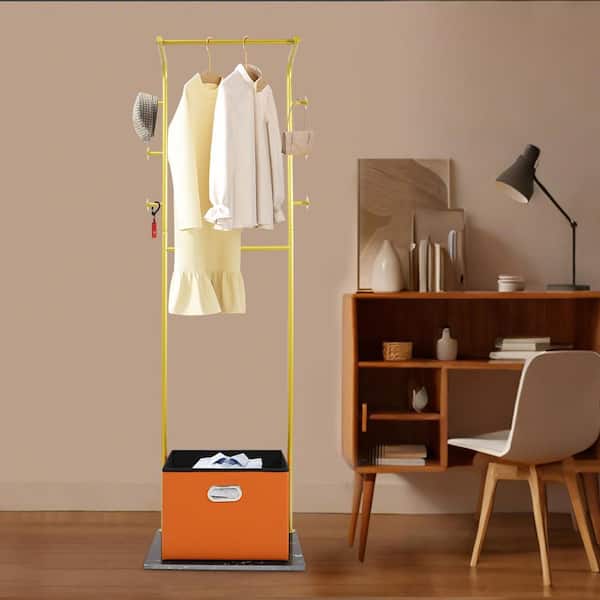 Gold Metal Iron Freestanding Clothes Rack with 6 Hooks and Storage Basket